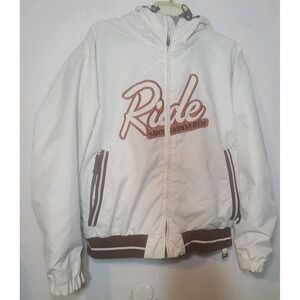 Vtg Ride Snowboard Jacket XL Beige Spell Out Cell Series 5 Hood Vented READ FLAW